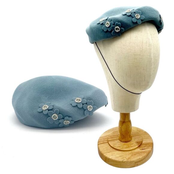 Vintage 1950s BB Ruth Velour Beret Hat Slate Blue Floral Applique Pearl Studded - Picture 1 of 16